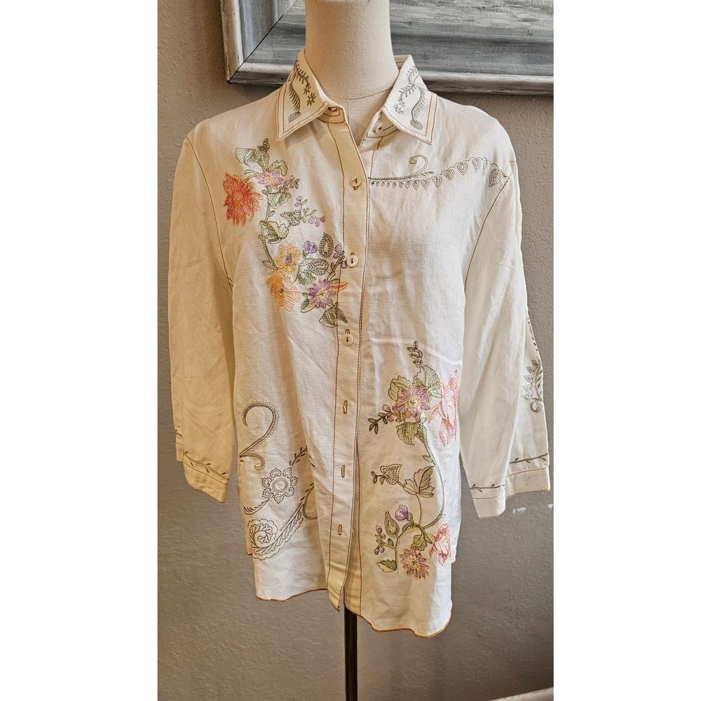 Norm Thompson Linen‎ Blend Top Shirt Cream Floral Embroidered Womens Large